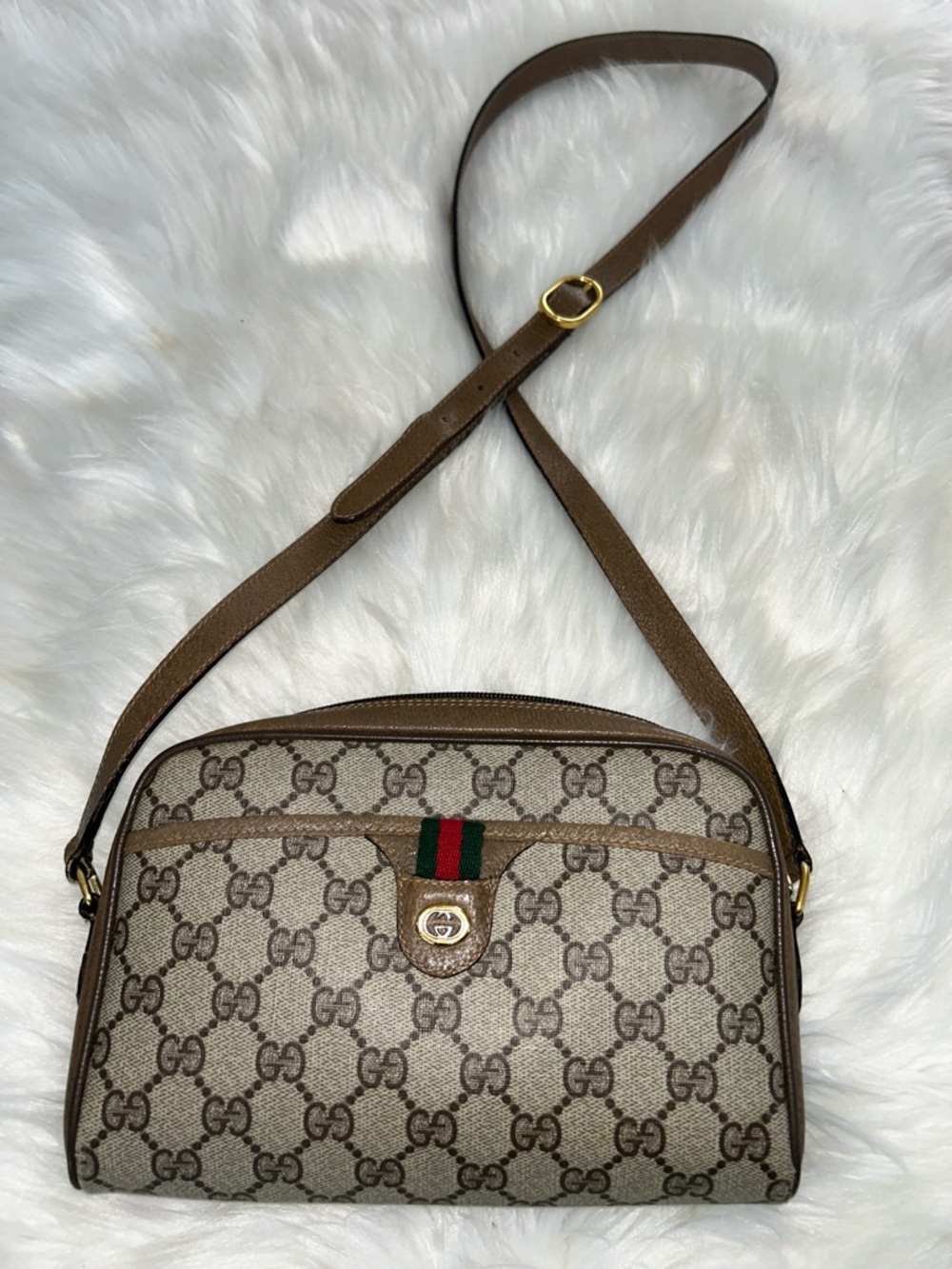 Gucci Beige Brown GG Supreme Canvas Crossbody Bag with Green Red Web